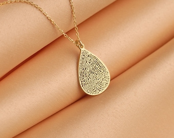 14K Gold Memorial Keepsake Necklace, Tear Drop Fingerprint Necklace, Engraved Loved One’s Fingerprint Pendant, Mom Dad Fingerprint,Loss Gift
