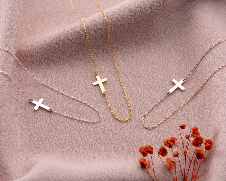 Gold Sideway Cross Necklace, Dainty Religious Necklace, Gift for Her