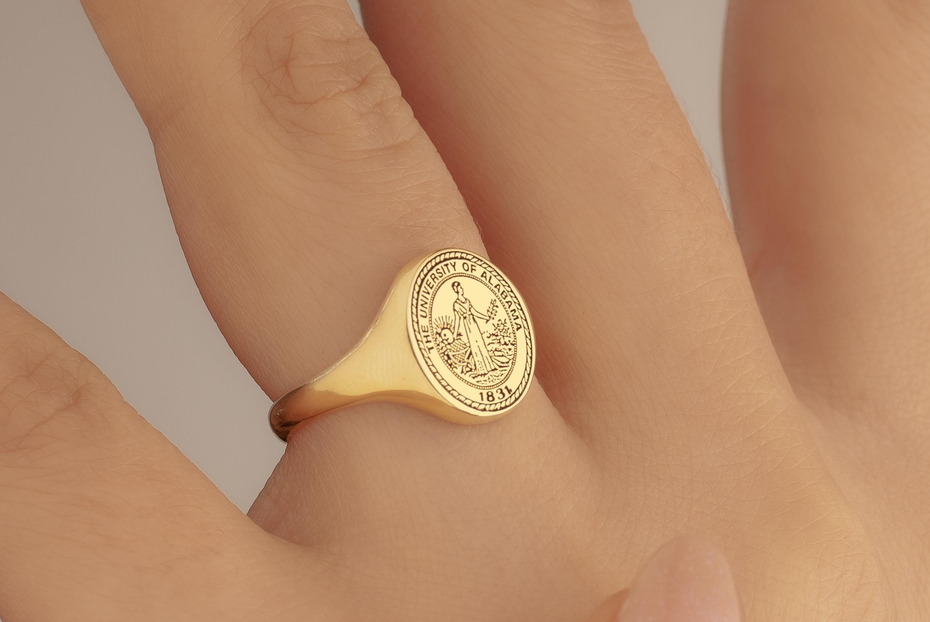 Personalized 14K Gold Graduation Ring, School Emblem Class Ring