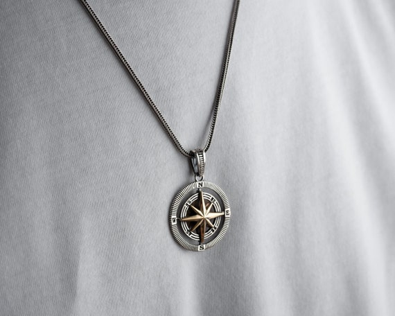 Handcrafted Sterling Silver Reversible Mens Compass Necklace, Men Adventure Jewelry, Unisex Silver Compass Necklace, Unique Gift for Men