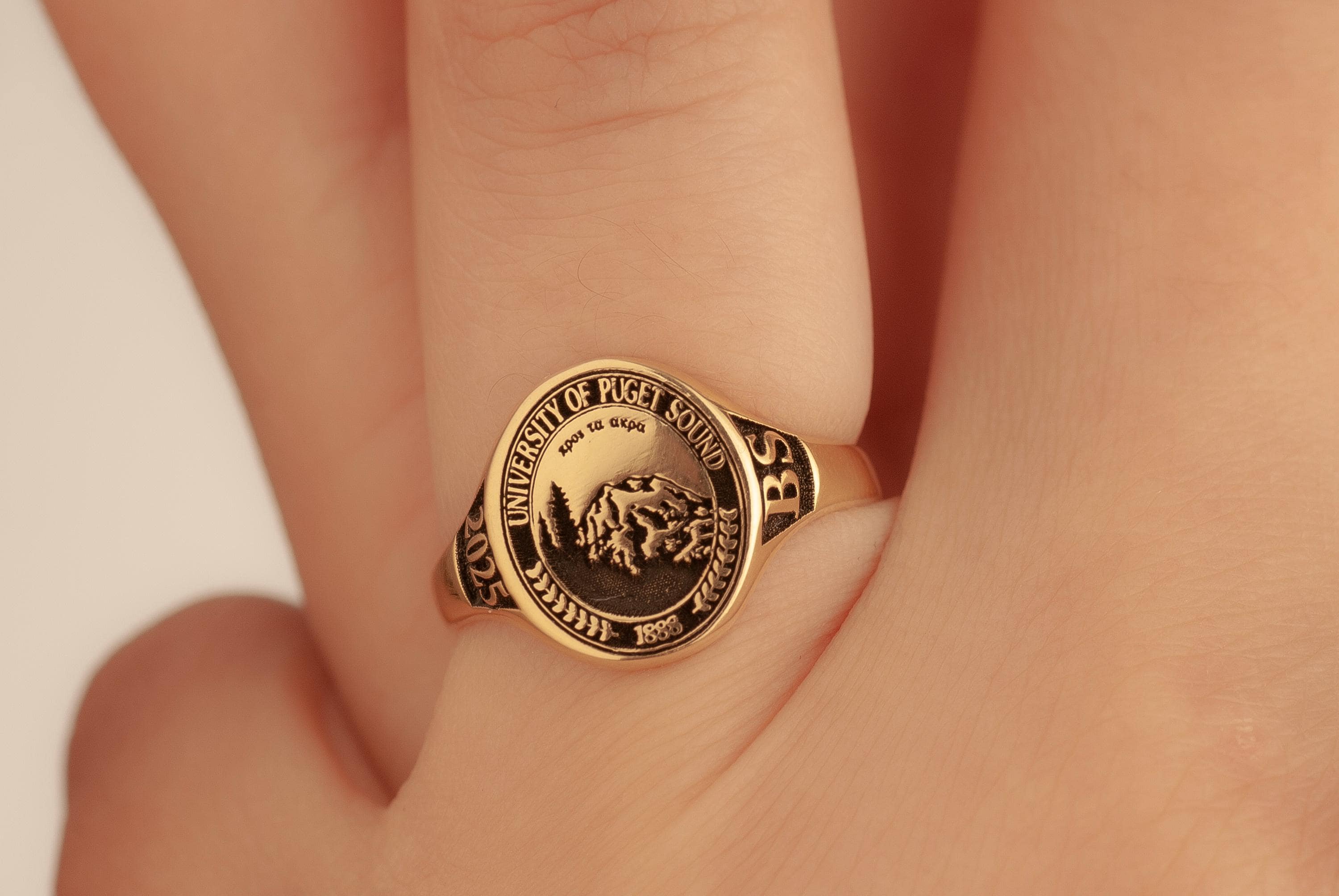 Custom 14K Solid Gold School Emblem Class Ring, Graduation Ring