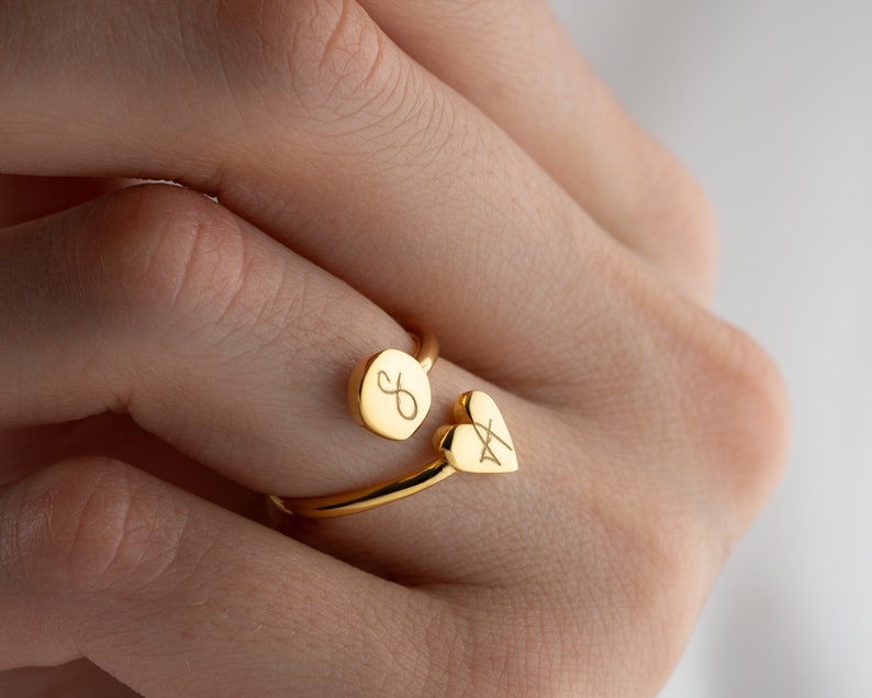 Elegant Adjustable Heart Shaped Ring, Personalized Initial Gold Name