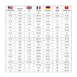 May include: A chart comparing ring sizes in US/Canada, UK, France, Germany, Japan, and Switzerland. The chart lists ring sizes and corresponding diameters in millimeters.