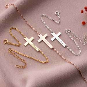Cross Name Bracelet, 14K Gold Cross Bracelet with Name, Custom Cross Bracelet for Women, Baptism Gift Girl, First Communion Gifts for Girls