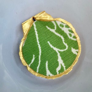 Decoupage Fabric Scallop Shell, Green and Gold, Trinket Dish,Ring Dish, Home Decor, Votive Dish, Host/Hostess Gift, Home warming Gift