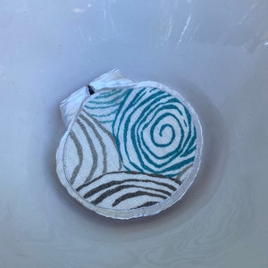 Decoupage Fabric Shell, Teal, Gray, White, Silver, Trinket Dish, Ring Dish, Home Decor, Votive Dish, Host/Hostess Gift, Home warming Gift