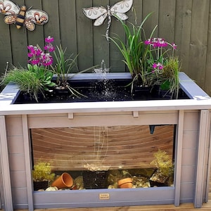 Iris Clear View Garden Aquarium gray raised rectangular fish pond with large window