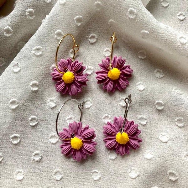 Clay Earrings Stainless Steel gold/silver 'Pink Flower hoops'