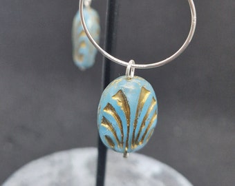 Sterling silver hoop earrings with turquoise and gold Czech glass beads