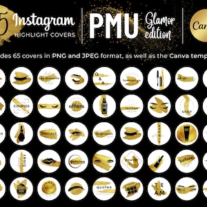 65 PMU Business Instagram Highlight Covers | Glamor | Canva template | ig highlight covers black gold | icons, faq, modern, minimal