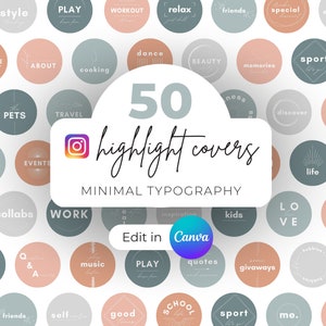 50 Instagram highlight covers Canva template, ig highlight covers letters, icons, Instagram stories, faq, modern, minimal
