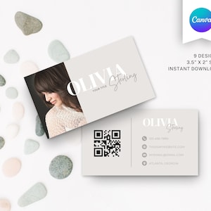 Druckbare QR Visitenkartenvorlage, Foto Visitenkartenvorlage Kontakt, Sofort Download, DIY Visitenkarte, bearbeitbare Karte, Canva Vorlage