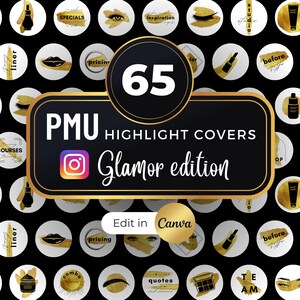 65 PMU Business Instagram Highlight Covers | Glamor | Canva template | ig highlight covers black gold | icons, faq, modern, minimal