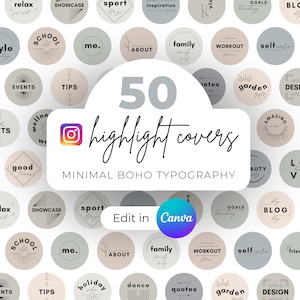 50 Instagram highlight covers Canva template, ig highlight covers letters, icons, Instagram stories, faq, modern, minimal