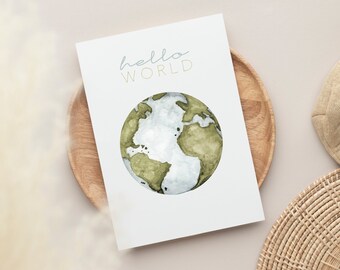 Geburtspostkarte ""Hello World"" | Aquarell Kunst | Baby Karte