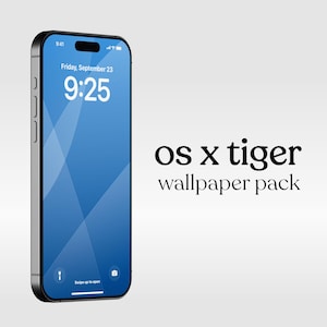 Op de afbeelding: Een blauwe en witte iPhone-mockup met de datum en tijd weergegeven als "Vrijdag 23 september, 9:25". De tekst "os x tiger wallpaper pack" wordt onder de telefoon weergegeven.