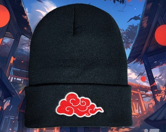 Embroidered Crimson Cloud Beanie Hat | Anime-Inspired Knit Cap | Ninja Clan Style Winter Hat