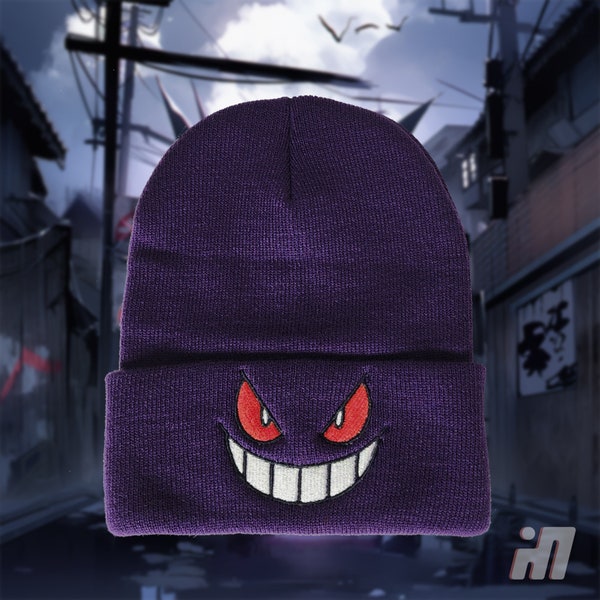 Embroidered Gengar Beanie Hat | Pokémon-Inspired Winter Cap | Adjustable Knit Cuffed Beanie | Unique Fan Gift