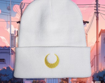 Embroidered Crescent Moon Knit Beanie: Anime Fan Winter Cap