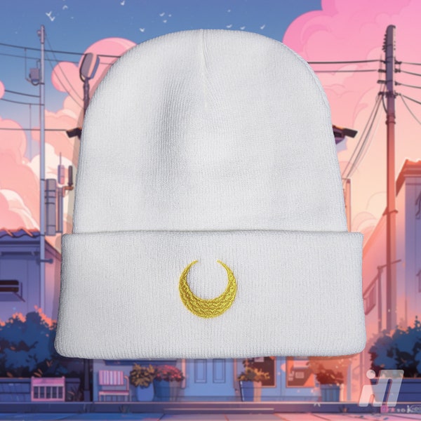 Embroidered Crescent Moon Beanie Hat | Anime Inspired Winter Cap | Soft Acrylic Knit Cuffed Beanie | Anime Fan Gift