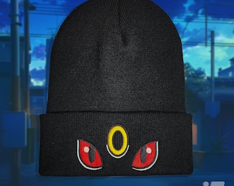 Embroidered Umbreon Beanie Hat | Pokémon-Inspired Winter Cap | Adjustable Knit Cuffed Beanie | Unique Fan Gift