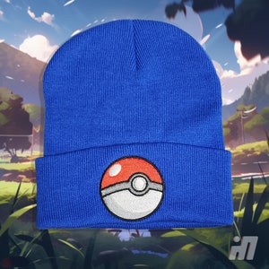 Embroidered PokeBall Beanie Hat | Pokemon-Inspired Winter Cap | Adjustable Knit Cuffed Beanie | Anime Fan Gift