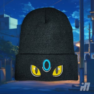Embroidered Shiny Umbreon Beanie Hat | Pokémon-Inspired Winter Cap | Adjustable Knit Cuffed Beanie | Unique Fan Gift