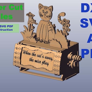 May include: Laser cut wooden cat-themed design with the text "When the cat's away, the mice play." Includes DXF, SVG, AI, and PDF files. The design features a cat and mice.