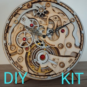 Unique creative wooden clock, kit, decor, gift, watch movement design, multilayer laser cut, 70 pieces, 5 sheets of A3 plywood.