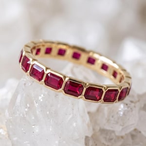 Ruby Emerald Dainty Wedding Band Solid Gold Eternity Band Unique Stacking Art Deco Bridal Band Anniversary Gift, Custom Birth stone Ring
