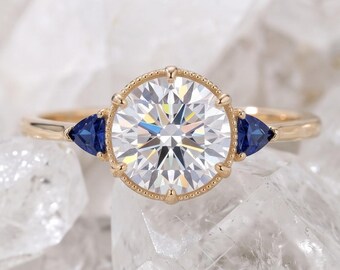 1 CT Round Moissanite Engagement Ring Trillion Blue Sapphire Vintage Three Stone Milgrain Art Deco Alternative Bridal