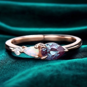 Vintage Alexandrite Opal Engagement Ring, Pear Cut Gems, Art Deco Diamond Dainty Wedding Band, 3 Stone Unique Women Bridal Promise Ring Gift