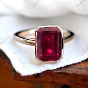 Emerald Cut Ruby Solitaire Ring, 14K Rose Gold Engagement Ring, Bezel Set Statement Ring, Gift For Her Anniversary Ring June Birthstone Ring