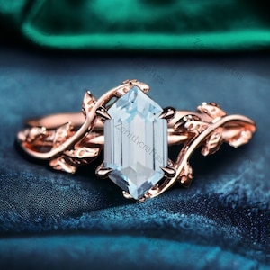 Long Hexagon Aquamarine Engagement Ring, Vintage 18K Rose Gold Twig Leaf Branch Ring, Nature Inspired March Birthstone Ring, Gift For Girls