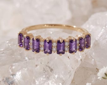 Baguette Amethyst Half Eternity Band Solid Gold Stacking Ring Vintage Bridal Jewelry