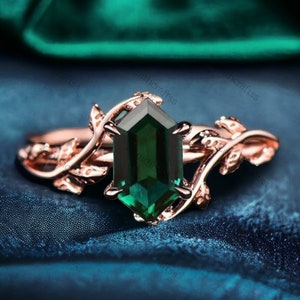 Langer Sechseck Smaragd Ring, Roségold Solitär Art Deco Ring, Blattblumenzweig Brautring Vintage Smaragd Verlobungsring Versprechen Geschenke