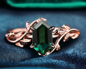 Long Hexagon Emerald Ring, Rose Gold Solitaire Art Deco Ring, Leaf Flower Twig Bridal Ring, Vintage Emerald Engagement Ring, Promise Gifts