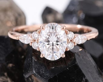 1.5 Ct Oval Cut Diamond Engagement Ring, Side Marquise and Round Diamonds, Wedding Ring for Her, Cluster Ring, Anniversary Ring
