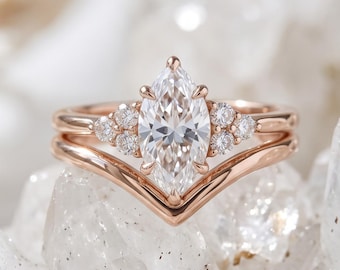 Marquise Cut Engagement Ring Set Solid Gold Solitaire Ring Matching Curved Wedding Band Dainty Moissanite Bridal Ring Set Gift For Her