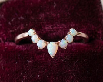 Curved Opal Wedding Band, 14k Gold V Shape Stacking Ring, Dainty Cluster Matching October Bridal Jewelry Gift