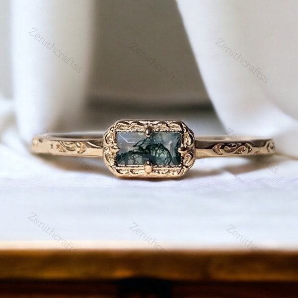 Natural Moss Agate Wedding Band Ring Promise Ring Art Deco Unique Baguette Cut Green Agate Anniversary Gifts Delicate Ring Minimalist Ring