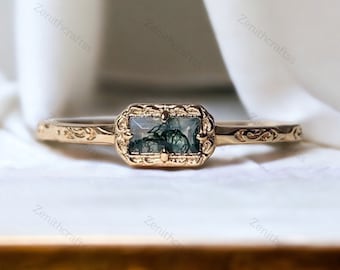 Natural Moss Agate Wedding Band Ring Promise Ring Art Deco Unique Baguette Cut Green Agate Anniversary Gifts Delicate Ring Minimalist Ring