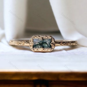 Natural Moss Agate Wedding Band Ring Promise Ring Art Deco Unique Baguette Cut Green Agate Anniversary Gifts Delicate Ring Minimalist Ring