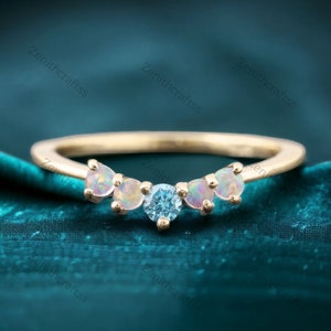Vintage Aquamarine Opal Engagement Ring, Curved Matching Band Art Deco Birthstone Wedding Band Unique Women Bridal Promise Ring Gift For Her