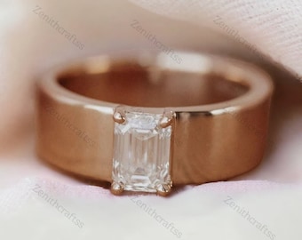 Emerald Cut Moissanite Ring, Vintage Wedding Band For Women, 14K Rose Gold Cigar Band, Bridal Stacking Band Anniversary Gift Thick Wide Band