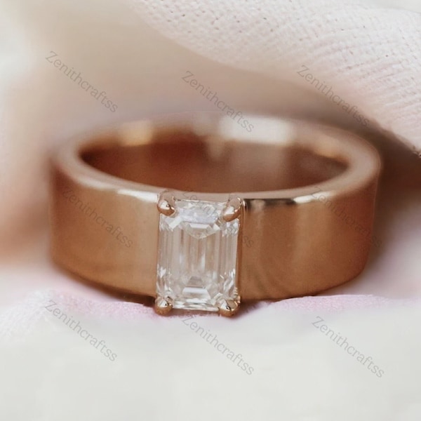 Emerald Cut Moissanite Ring, Vintage Wedding Band For Women, 14K Rose Gold Cigar Band, Bridal Stacking Band Anniversary Gift Thick Wide Band