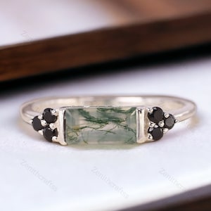 Unique Moss Agate Onyx Engagement Ring, Baguette Cut Gems, Art Deco Green Agate Wedding Ring, 925 Silver Unique Women Bridal Promise Rings