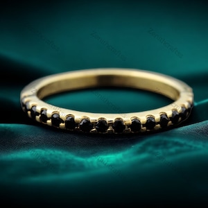 Dainty Black Onyx Band, Half Eternity Pave Wedding Band, 18K Solid Gold Engagement Ring, Stacking Black Diamond Band, Personalized Gift Ring