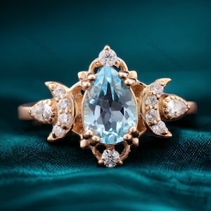Birne Aquamarin Ring, 18K Rosegold Verlobungsring Mondsichel Art Deco Ehering März Geburtsstein Versprechen Ring Weihnachtsgeschenk für sie