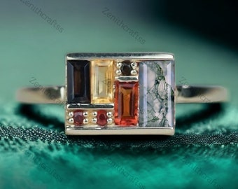 Unique Multi Gemstone Box Ring 14K Solid Gold Baguette Moss Agate Statement Ring Antique Art Deco Engagement Ring Valentines Jewelry Gift